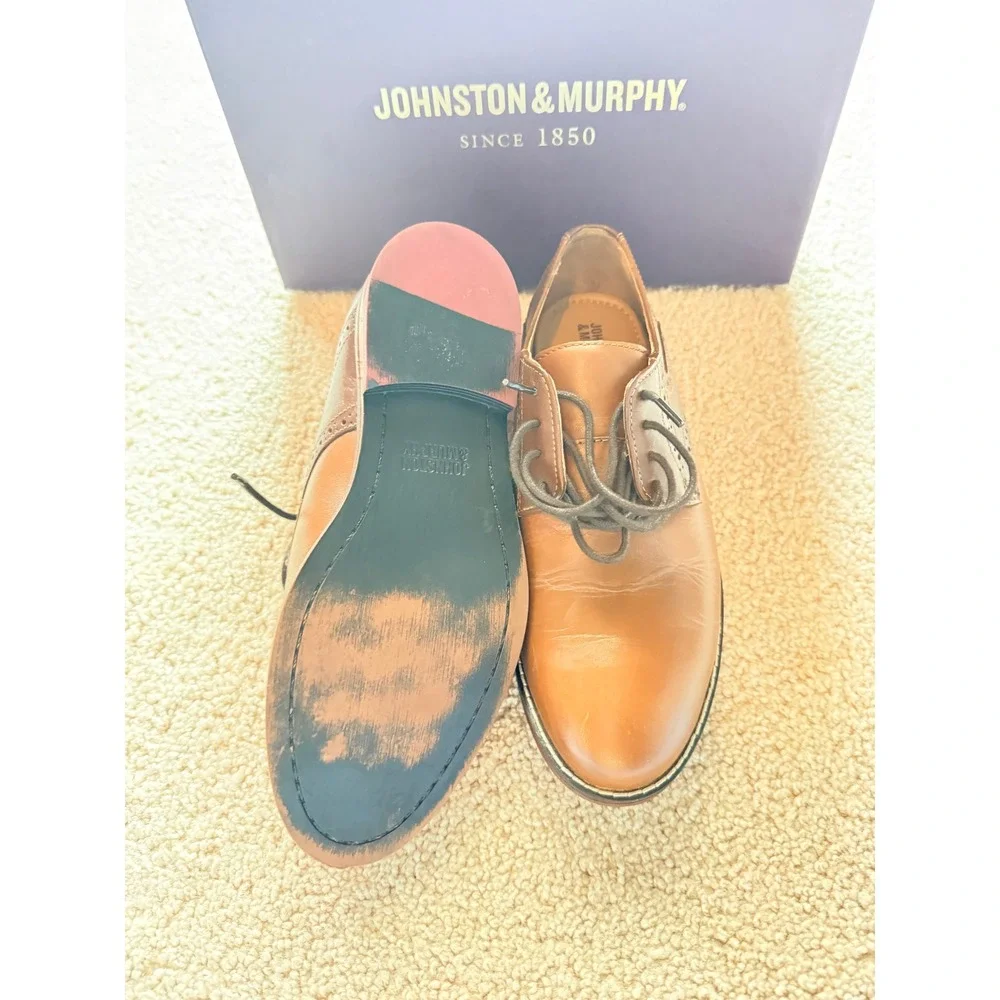 Johnston & Murphy Boys BK Conard Saddle Leather Oxford Shoes 3.5M Tan Brown